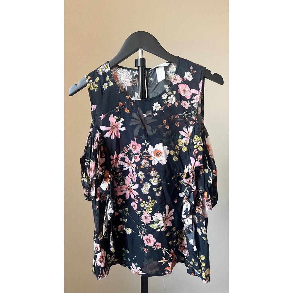 HM Women Black Floral Cold Shoulder Ruffle Sleeve Blouse Size 14